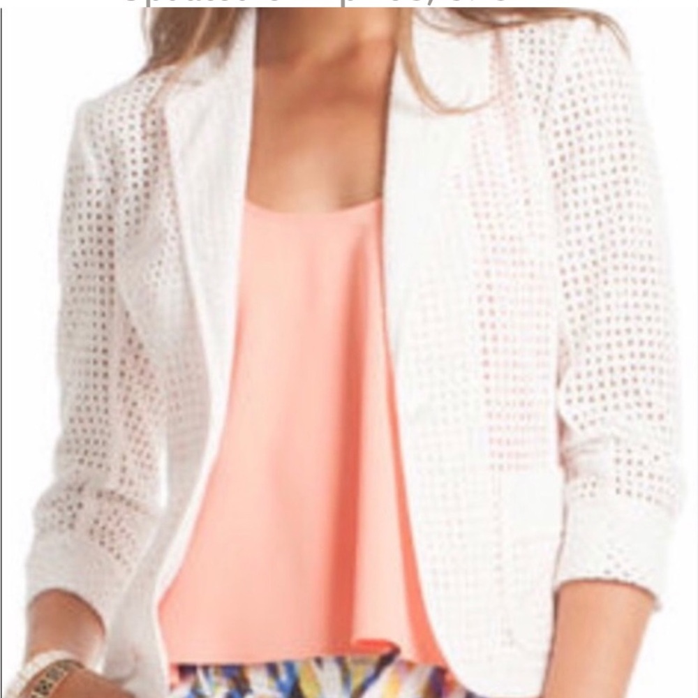 Trina Turk Cropped Sleeve Perforated Blazer White Eyelet - Picture 3 of 6